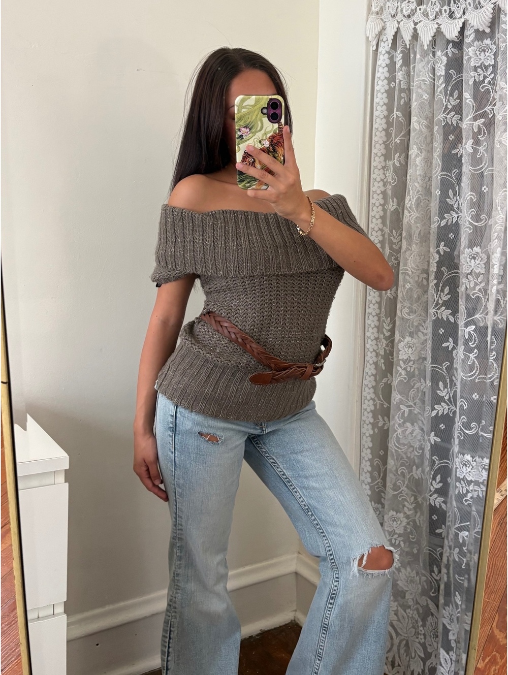 Y2K Gray knit off-shoulder turtleneck top with braided belt